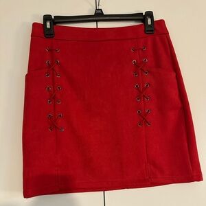 Red Lace-Up Suede Mini Skirt